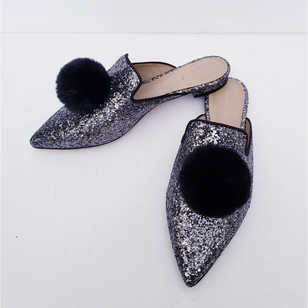Ann Taylor Metallic Glitter Pom Pom Silver Black Mules - Picture 11 of 11